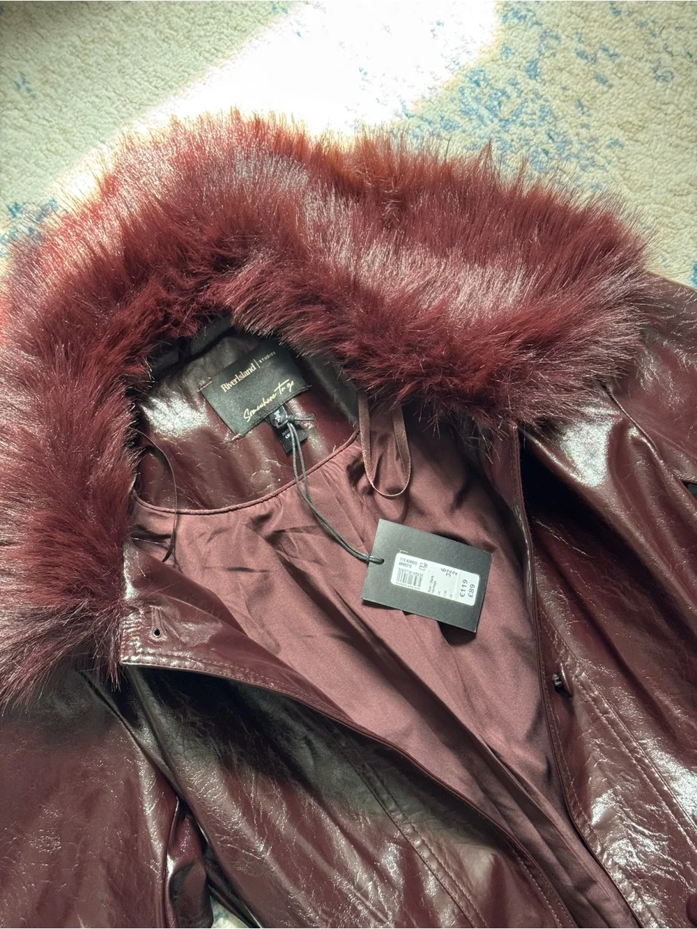 NWT River Island Studio Faux Fur Trim Leather Trench Matrix Coat Dark Red, Sz 2
